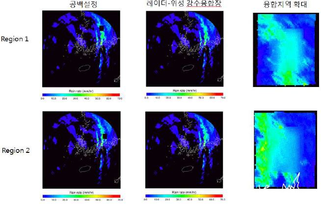 그림 2.2.17. 2011년 8월 7일 23:00 강수사례에서 레이더 공백지역에 대하여 최적 가중치 융합(레이더 자료 이용) 방법으로 레이더-위성 강수 융합장 산출결과