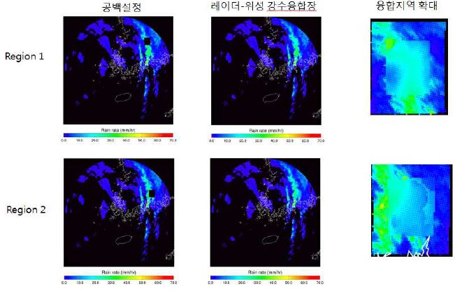 그림 2.2.18. 2011년 8월 7일 23:00 강수사례에서 레이더 공백지역에 대하여 최적 가중치 융합(AWS자료 이용) 방법으로 레이더-위성 강수 융합장 산출결과