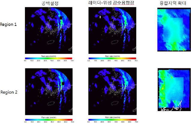 그림 2.2.19. 2011년 8월 7일 23:00 강수사례에서 레이더 공백지역에 대하여 동등 가중치 융합방법으로 레이더-위성 강수 융합장 산출결과