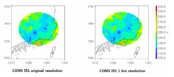 그림 2.2.33. 2011년 7월 9일 11:00 강수사례에서 비슬산 이중편파레이더 관측 영역에 해당하는 원본 공간해상도를 가진 위성 밝기온도(좌)와 1 km 해상도로 분해한 위성 밝기온도(우)