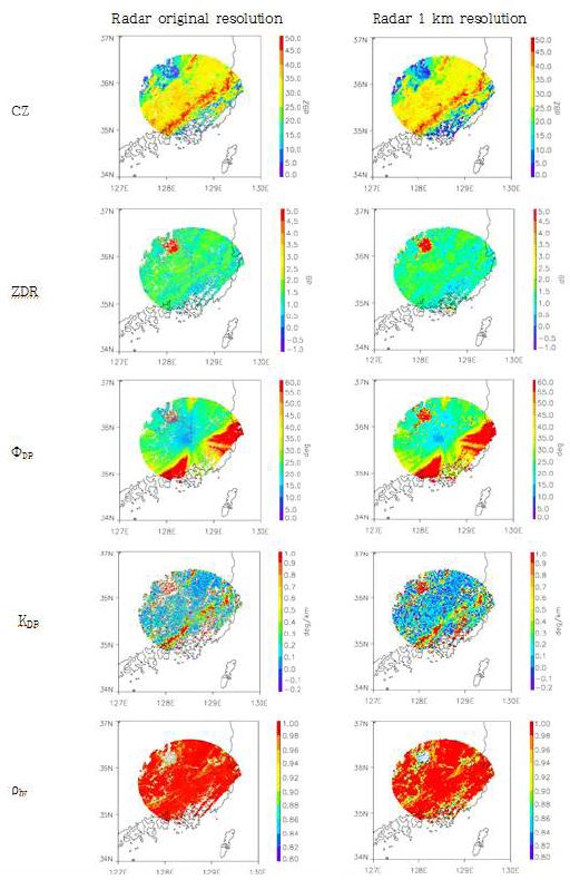 그림 2.2.35. 2011년 7월 9일 11:00 강수사례에서 비슬산 이중편파레이더 관측자료 원본(좌)과 1 km × 1 km 공간해상도로 평균한 결과(우)