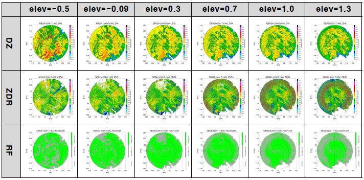 그림 2.1.10. 고도각별 반사도(DZ), 차등반사도(ZDR), 강우장 마스크(RF)