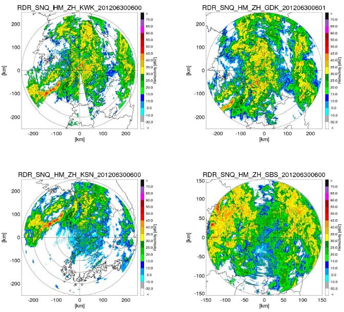 그림 2.1.26. 단일 및 이중편 HSR 마스크와 2012년 6월 30일 06:00시의 관측자료를 이용하여 생성된 반사도 HSR 지도