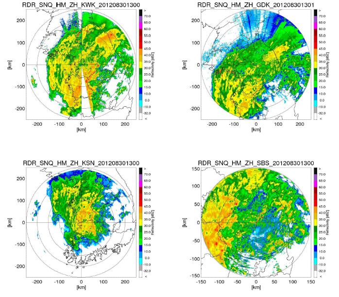 그림 2.1.27. 단일 및 이중편 HSR 마스크와 2012년 8월 30일 13:00시의 관측자료를 이용하여 생성된 반사도 HSR 지도