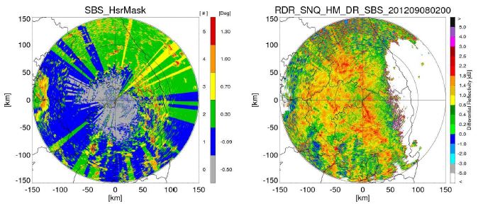 그림 2.1.30. 2012년 09월 08일 02:00(KST)의 HSR 마스크(좌)와 차등반사도 지도(우)