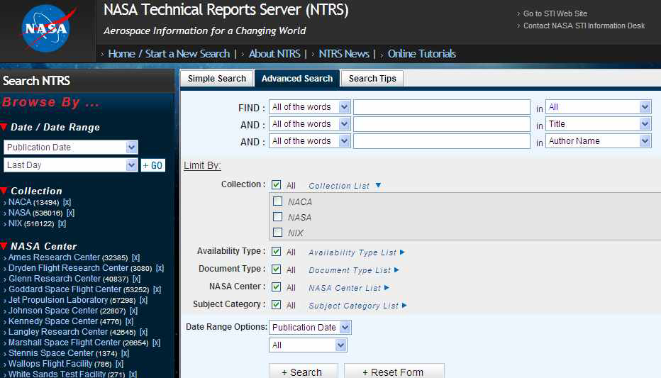 Screen for Detailed Search of NTRS