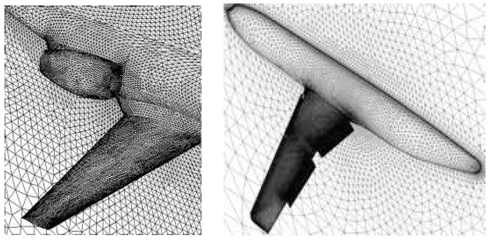 (left) Fine unstructured mesh on a wing and a engine (right) Fine unstructured mesh on wing