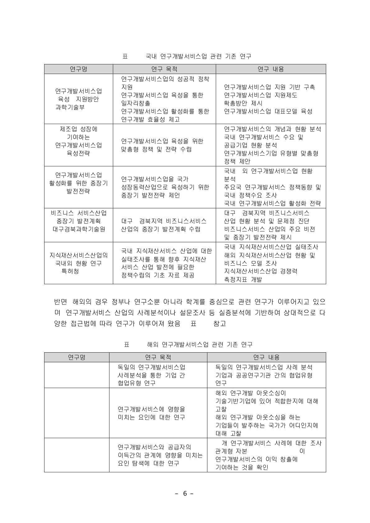 해외 연구개발서비스업 관련 기존 연구