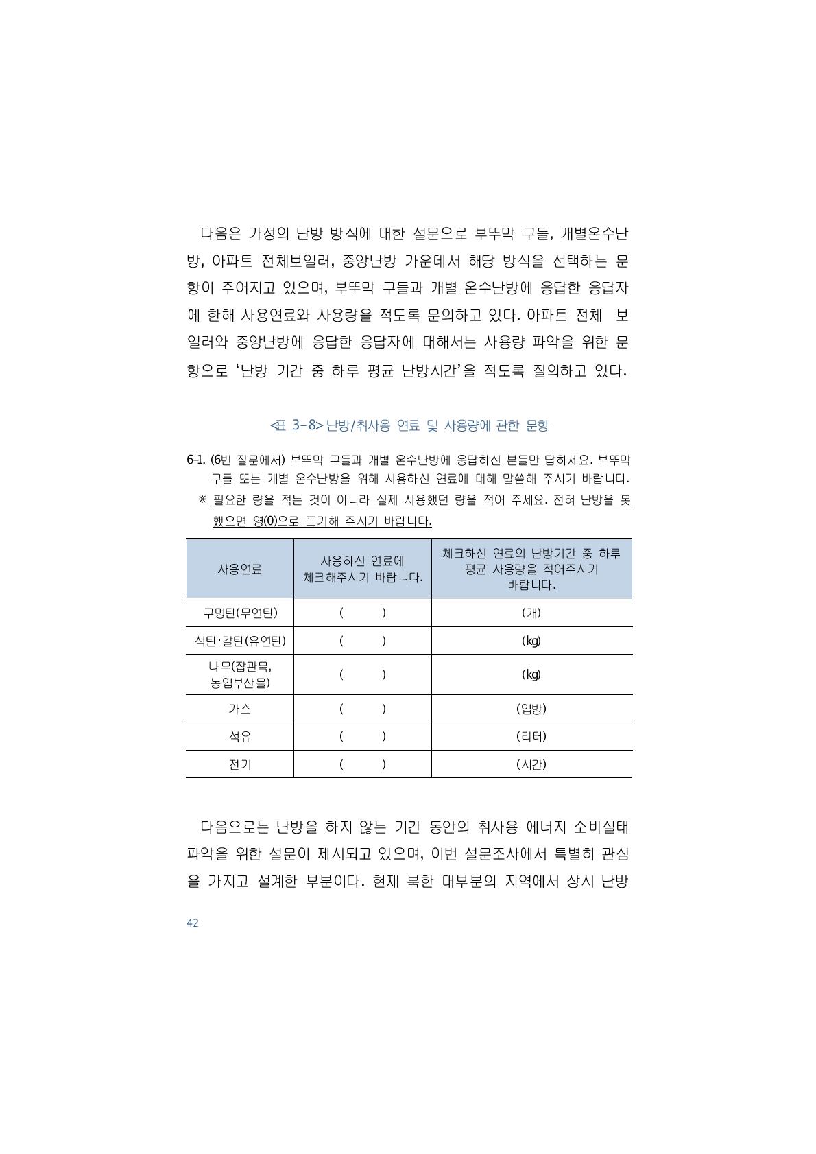 난방/취사용 연료 및 사용량에 관한 문항