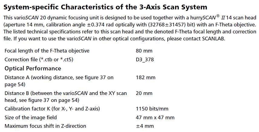 Specifications of VarioScan