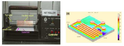 SIMTECH의 plymer metal hybrid 유연 기판을 이용한 핫엠보싱 장비와 생산된 micro mixer.