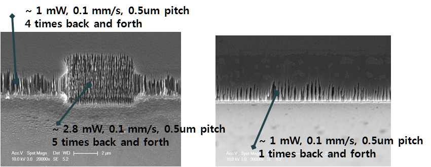 리플 현상을 이용하여 제작된 다이아몬드 공구: 나노패턴 간격 약 250 nm, 마이크로 패턴 5 ㎛ 크기의 형상 사진