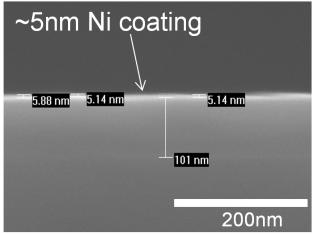 물리적 기상 증착법으로 증착한 약 5nm 두께의 Ni 코팅박막 (SEM)