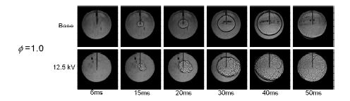 Comparisons of shadow images of flame propagation with applying AC voltage at stoichiometric methane and air mixture