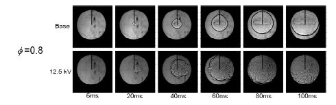 Comparisons of shadow images of flame propagation with applying AC voltage at lean methane and air mixture(f=0.8)