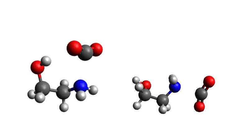 Figure 3 Energy diagram for the reaction of MEA and CO2 to zwitterion. Bottom left figure is for transition state (TS) of gG-MEA and bottom right for TS of tG-MEA.