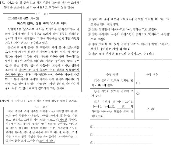 2011년 학업성취도 평가 고2 국어 선다형 15번, 서답형 6번 문항