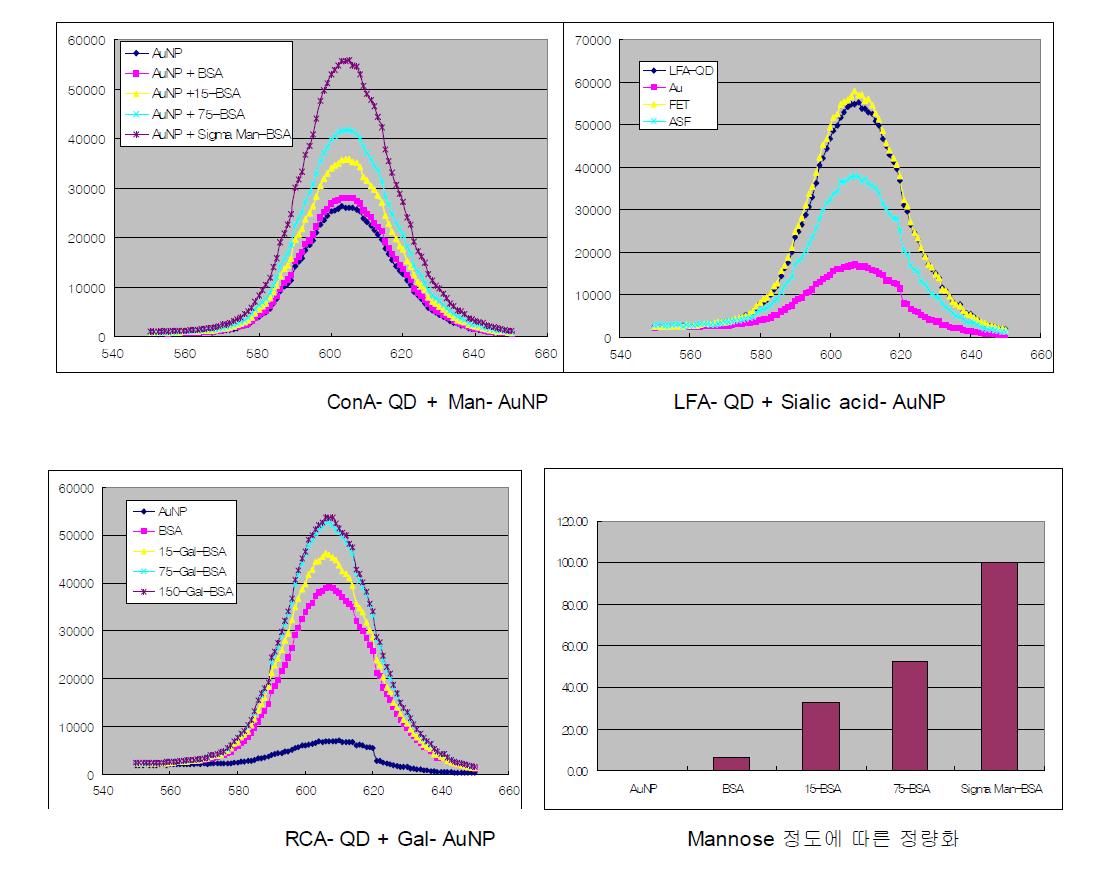 각각의 다양한 carbohydrate 와 glycoprotein 의 특이적 결합력에 의한 형광 세기의 변화 스펙트럼