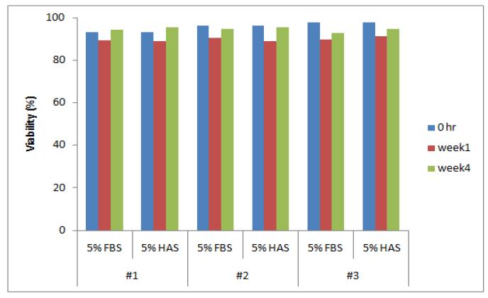 5% 사람혈청 알부민(10% DMSO 포함)에서 지방줄기세포의 동결보관 안정성 결과 그래프.