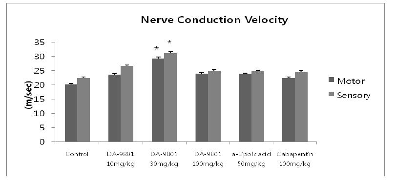 The effect of DA-9801 on nerve conduction velocity of type 2 diabetic db/db mouse.