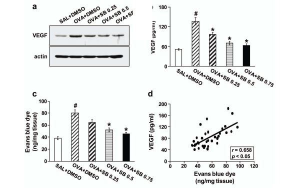 Figure 7. Effect of SB 239063 on VEGF protein expression in lung tissues and BAL fluids and plasma exudation of OVA- sensitized and - challenged mice.