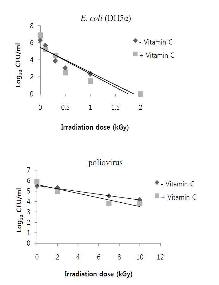 Linear regression analysis for gammairradiation sensitivity of bacteria and virus after treatment of Vitamin C (1%, Ascorbic acid)