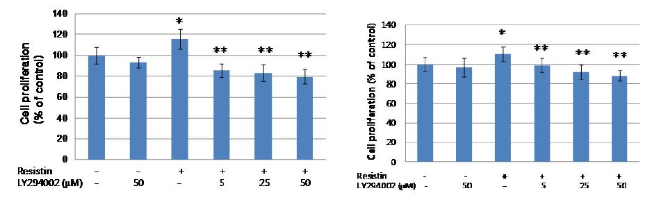 Effect of LY294002, a specific inhibitor of PI3K, on resistin-induced PC-3 (left) and DU145 (right) cell proliferation