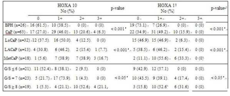 Expression HOXA10 and HOXA11 in BPH and PCa in the group based on PCa progression and pathologic grade