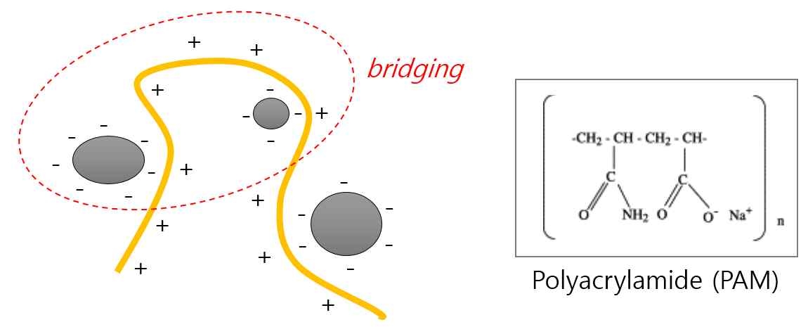 Fig. 3-5-1. 응집 메커니즘 (전하균형, Bridge 메커니즘) 및 Poliacrylamide (PAM)의 구조