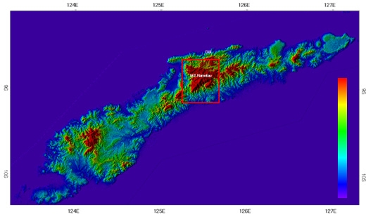 Fig. 3.1.1. 동티모르지역의 DEM(연구대상지 표시)