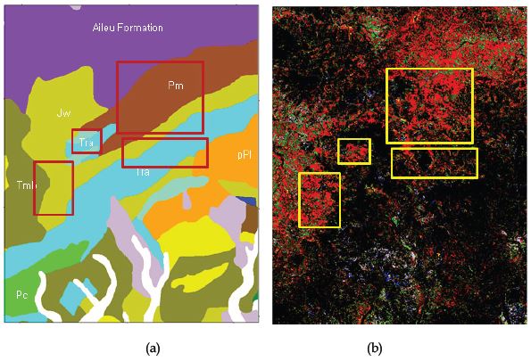 Fig. 3.1.17. 분광정보 기반 석회암상 추출결과(reddish quadrangle=비교지역)