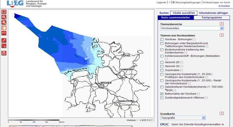 그림 1.7. 하노버에 위치한 니더작센 주정부 지질조사소에서 제공하고 있는 웹기반 맵서비스(해저수심도)