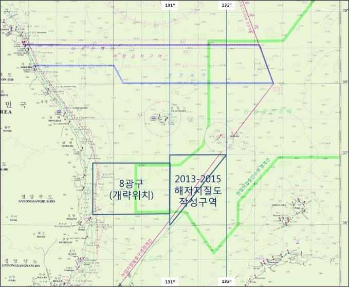 그림 2.1. 해저지질도 제23집(독도 남부 해역) 작성을 위한 자료취득 구역