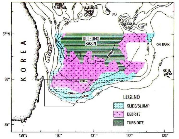 그림 2.3. 동해 해저퇴적물의 슬라이드/슬럼프 및 쇄설류를 포함하는 질량류의 분포도