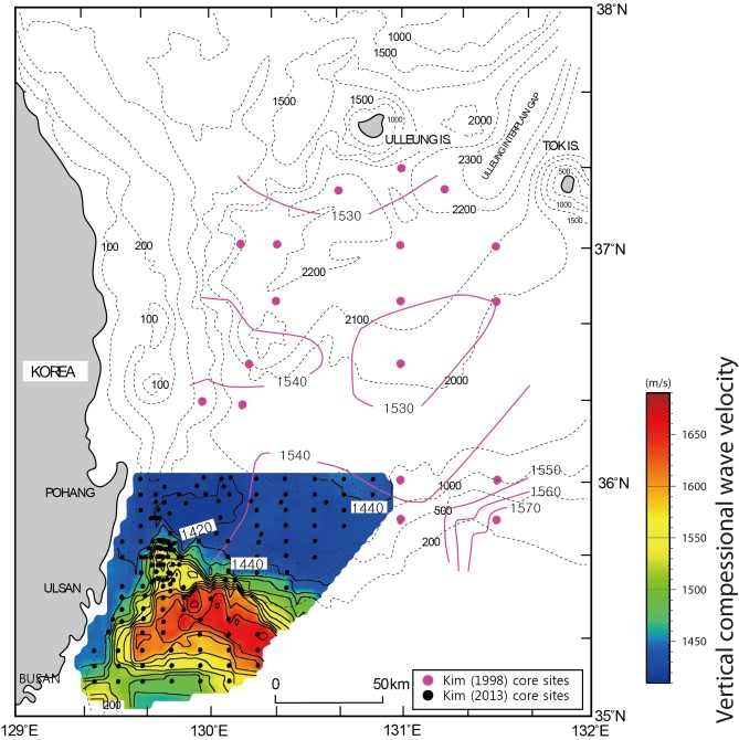 그림 3.39. Sound velocity distribution map in surficial sediment (modified after Kim (1998) and Kim (2013)