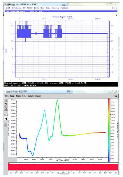 그림 3.43. CDP fold number of a seismic track line (upper) and XY plot of shot position after geometry construction (lower)