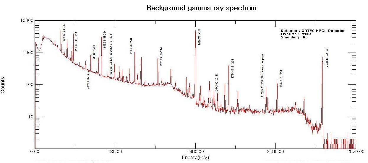 20분 동안 실험실 백그라운드를 측정한 감마선 스펙트럼.