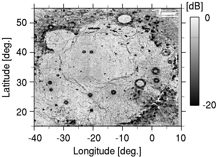 Surface image of Mare Imbrium based on LRS surface echo simulation result. Simulation was carried out at the total of 8000 observation points. The observation points are set at every 0.5 degree interval in both latitudinal and longitudinal directions.