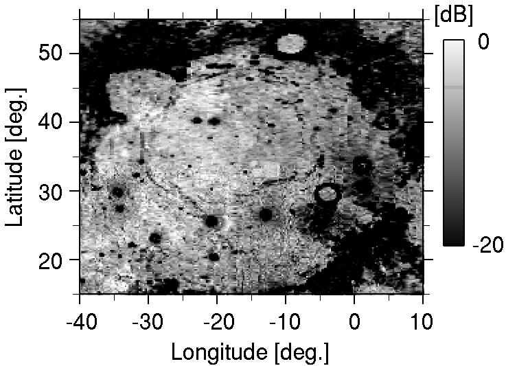 LRS surface echo image of Mare Imbirum. The image covers the same area as Fig. 3-4-5. It should be noted that a large scale bright pattern that is not recognized in Fig. 3-4-5 is now recognized.