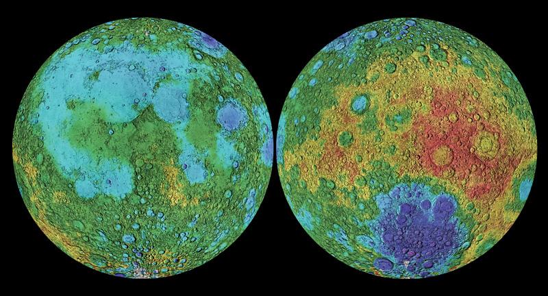 A shaded relief map of the Moon shows the topography and marjor provinces on the Moon. Nearside is largely represented by mare basalt, whereas farside by ferroan highland (from explanet.info/Chapter04.htm)