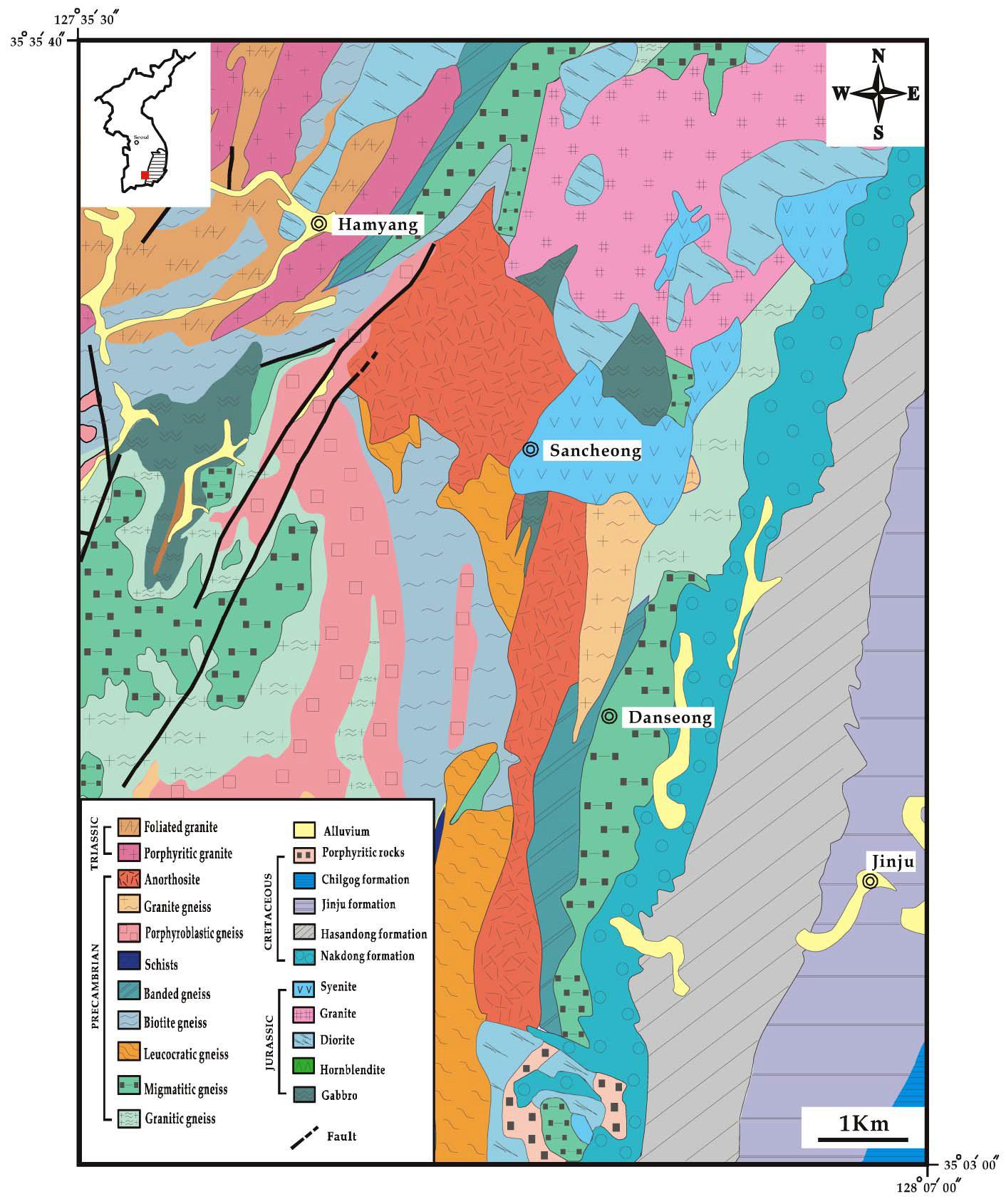 Geologica map of the Hadong-Sancheon area, where anorthosite occurs as NS-elongated body