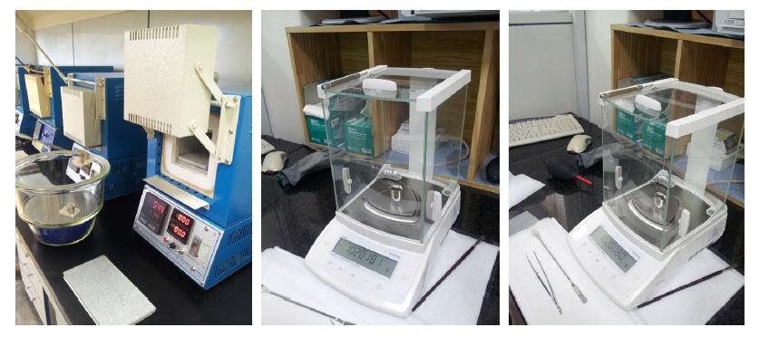 Preparation of furnace (left) and the first and second measurements of Pt crucible (center and right)