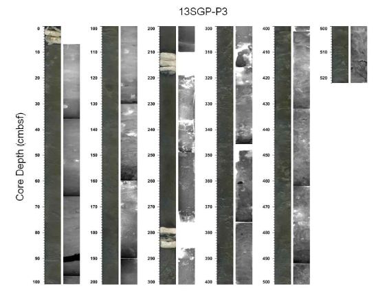 Fig. 4.18 Photographs and X-radiographs of core 13SGP-P3