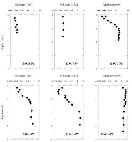 Fig. 4.26 Downcore profiles of methane concentration in sites 13SGB-P3, 13SGP-P4, 13SGU-P5, 13SGU-P6, 13SGU-P7, and 13SGU-P8