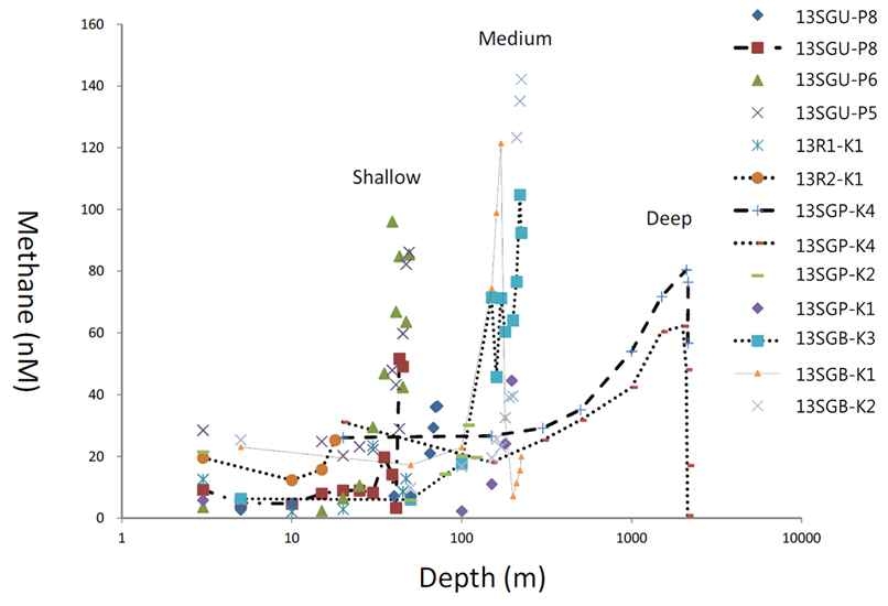 Fig. 4.33 Vertical variations of dissolved methane contents from 13 sites