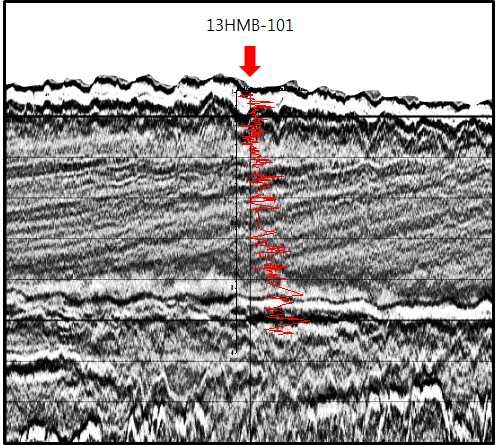 Fig. 5.5 Section of seismic line (13HMB-A02) crossing HMB-101. Shown is the velocity data
