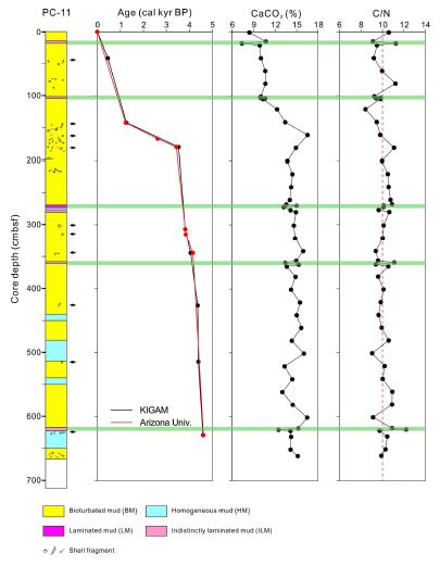 Fig. 5.12 Vertical variation of CaCO3 and C/N. 14C age dating