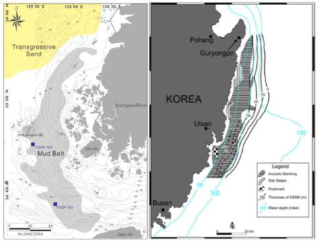 Fig. 1.2 Thick shelf mud deposits in Heuksan(left) and Ulsan shelf seas(right)