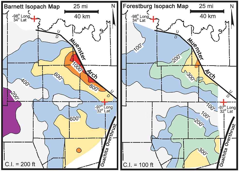 Fig. 2.2 General isopach map of the Barnett and Forestburg Shale in the Fort Worth Basin