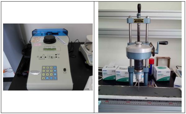 Fig. 3.20 Pycnometer measuring density (left) and vane apparatus measuring shear strength (right)
